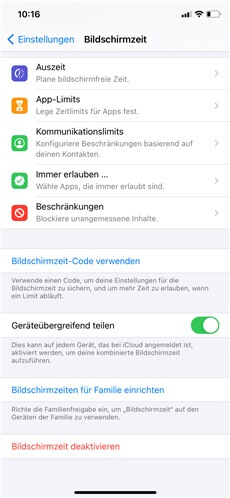 Bildschirmzeit deaktivieren und erneut aktivieren