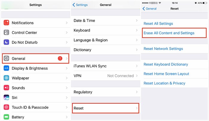 Select Erase all Content and Settings
