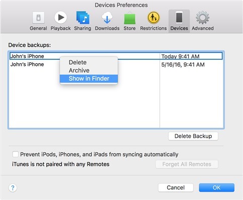 individua il backup di itunes su mac