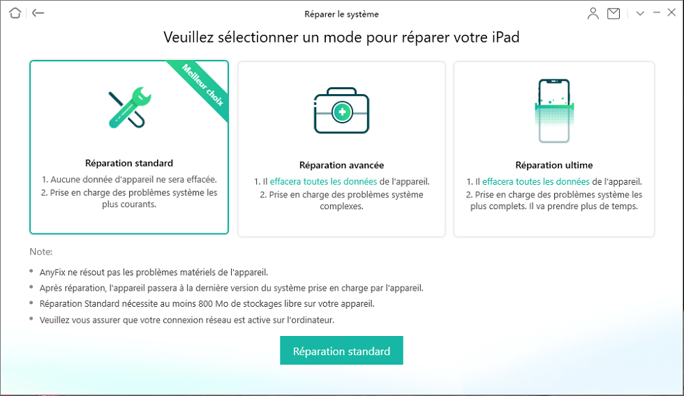 3 modes de réparation sur iPad
