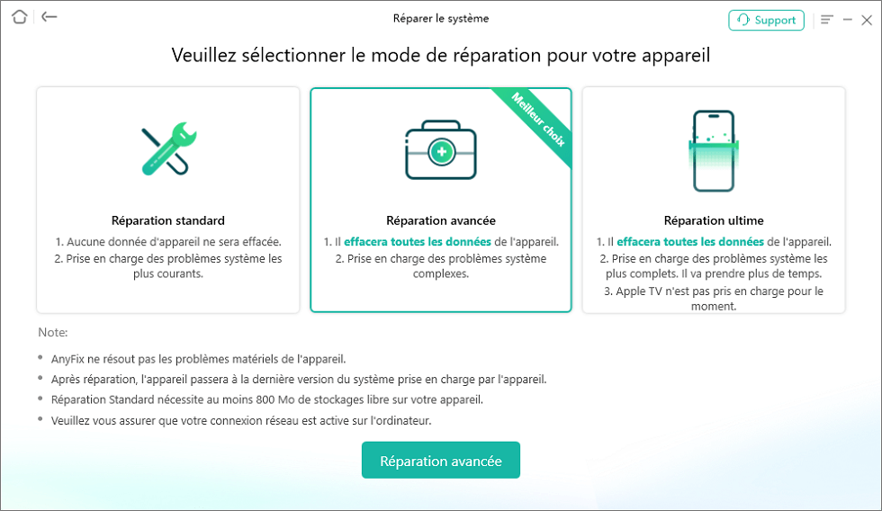 AnyFix - Choisir la Réparation avancée