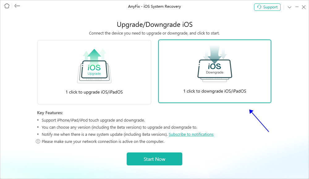 Computer screen with Update/Downgrade OS highlighted