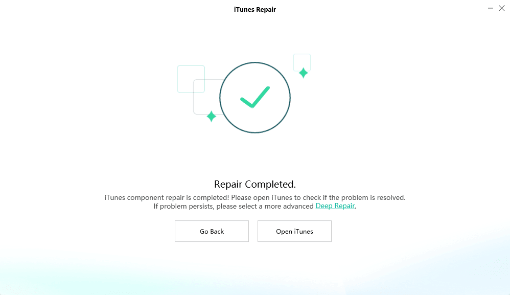 iTunes Repair Completed and Open to Check