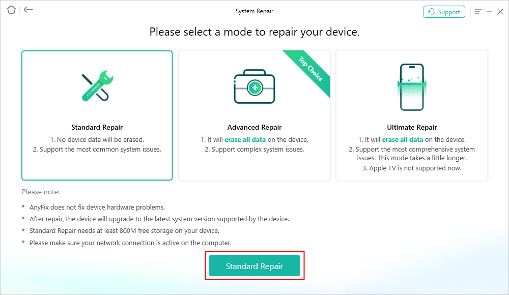 Choose Standard Repair Mode
