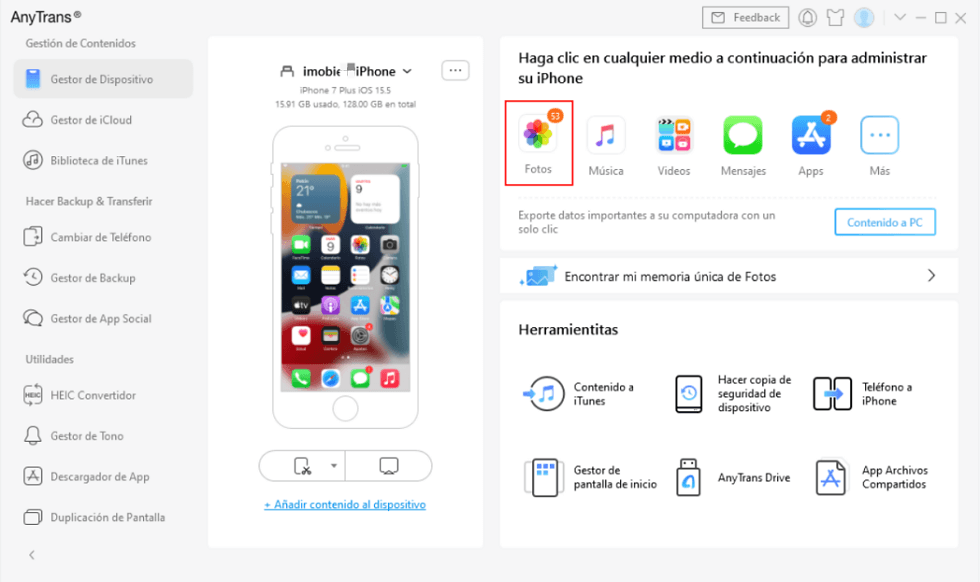 Haz clic en Fotos en la interfaz de AnyTrans