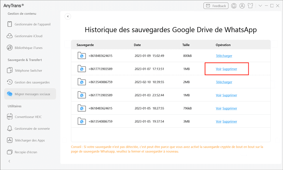 Prévisualiser la sauvegarde