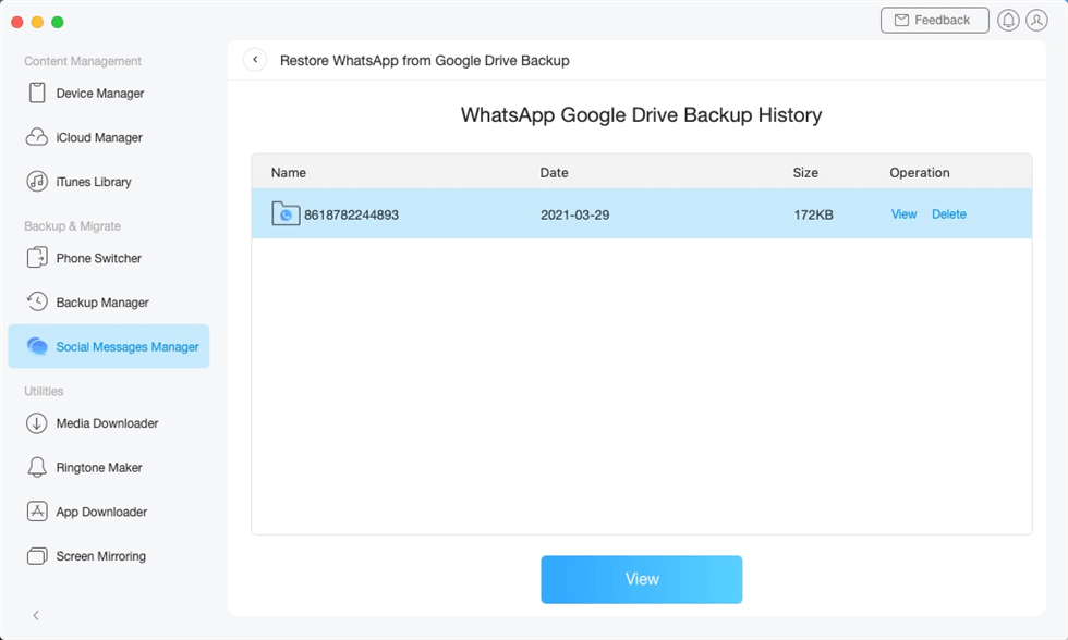 AnyTrans - Wählen Sie ein WhatsApp-Backup zum wiederherstellen
