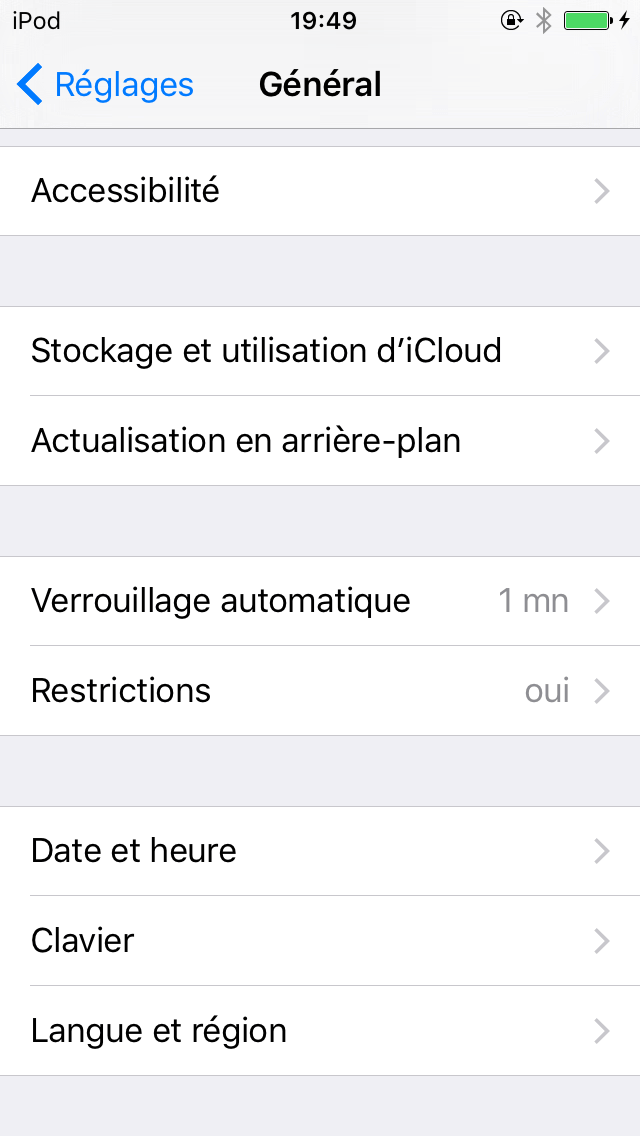 Capture décran des paramètres de liPhone