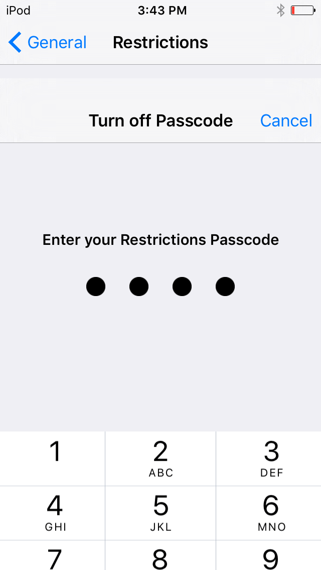 Cell phone with Turn Off Passcode highlighted