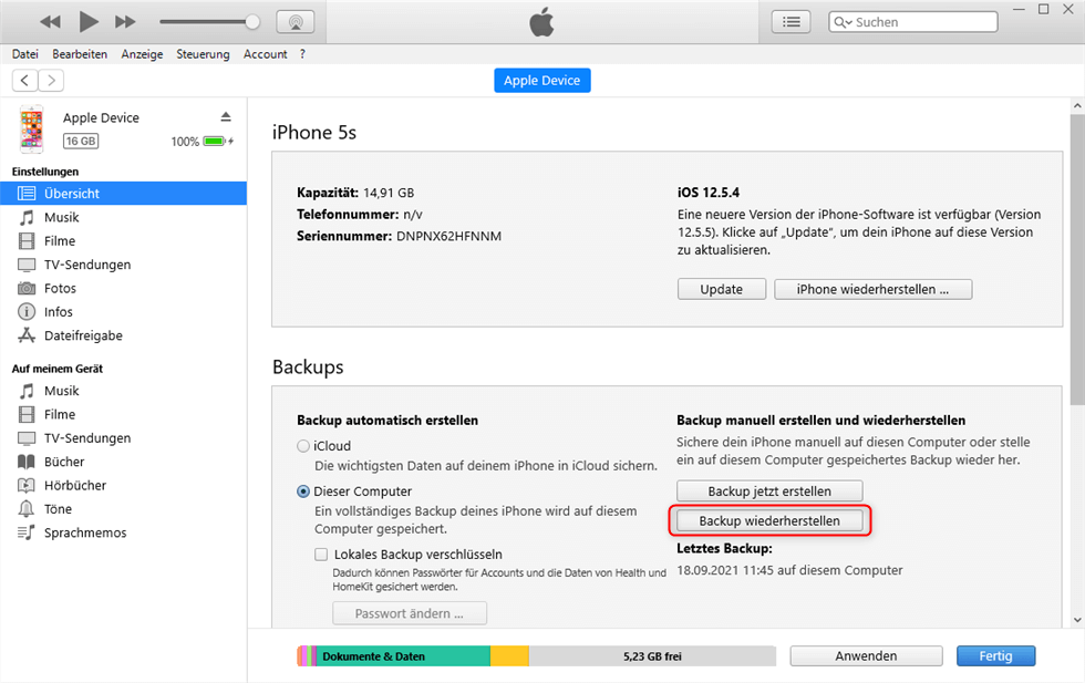 Backup aus iTunes direkt wiederherstellen