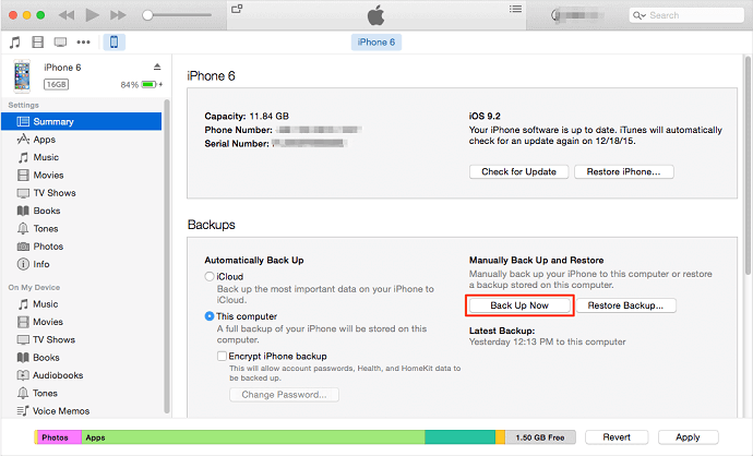 نسخ iPhone 6 / 6s احتياطيًا إلى الكمبيوتر باستخدام iTunes