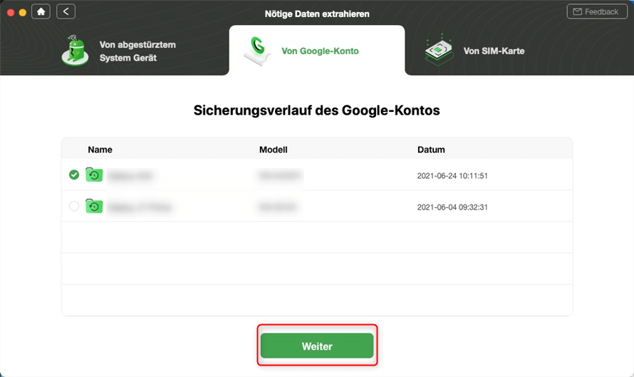 Backup von Google wählen
