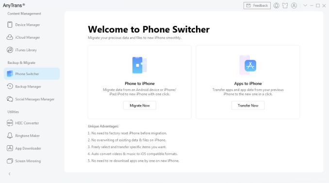 Phone switcher screen with settings