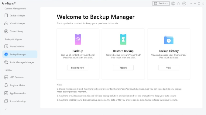 Backup manager screen with button highlighted