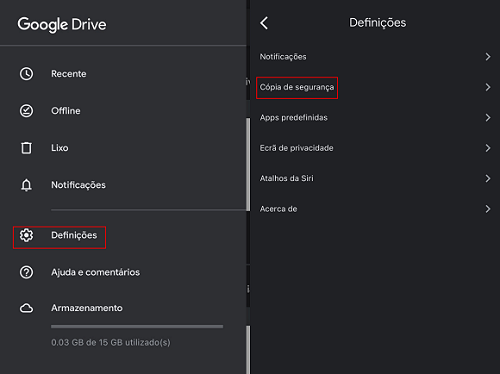 Local de Cópia de segurança em Definições do Google Drive
