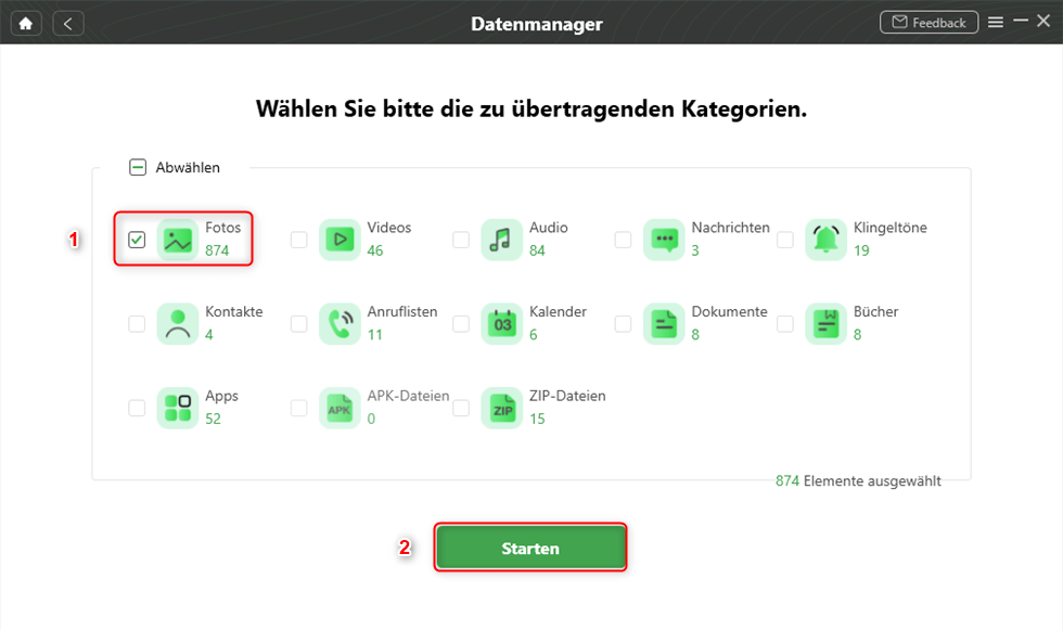 Datentypen auswählen zur Übertragung wie Fotos
