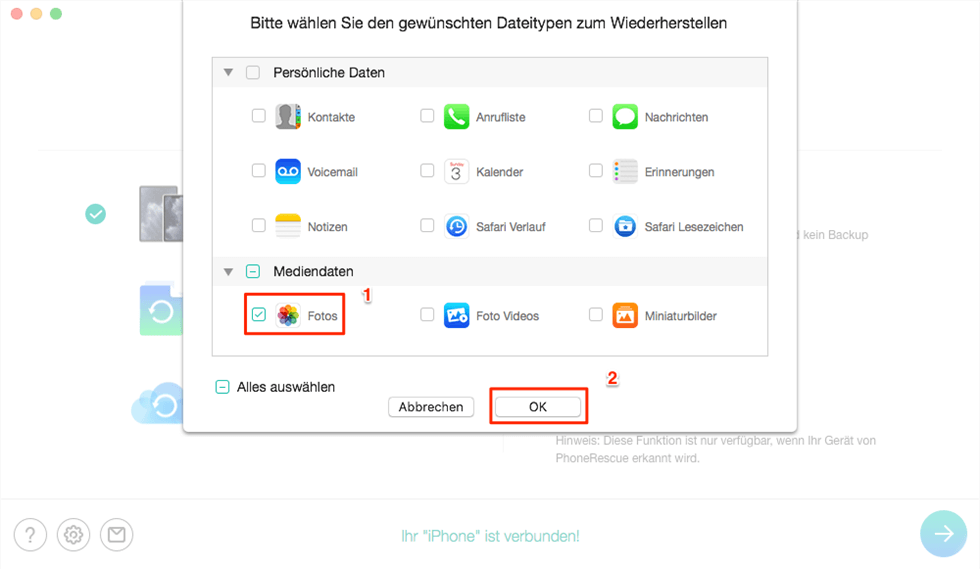 Datentypen nach der Analyse zur Wiederherstellung wählen