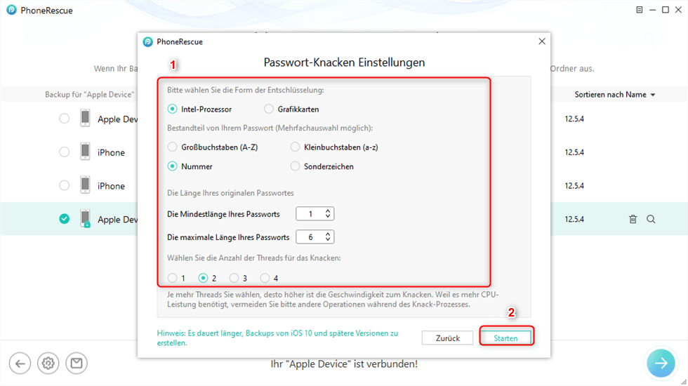 Den Bestandteil des Backups ausprobieren