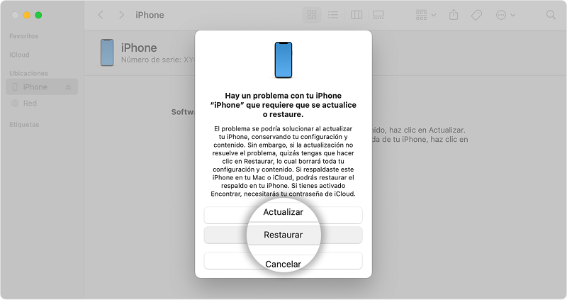 Selecciona Restaurar en tu computadora para restaurar iPhone desactivado