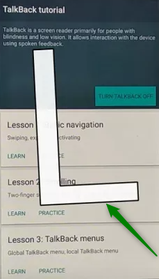 Use TalkBack L shaped gesture to open voice command options