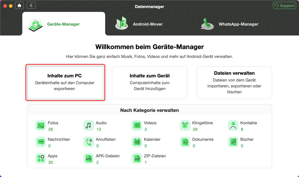 Klicken Sie auf "Inhalte zum PC"