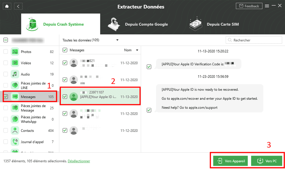 Capture décran du téléphone avec les contacts en surbrillance