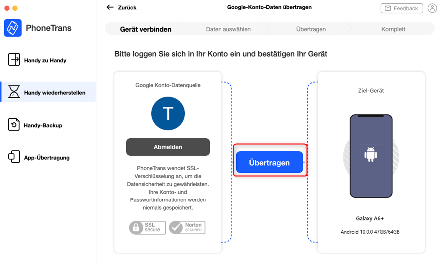 Erfolgreiche Anmeldung und Verbindung
