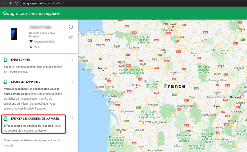 Cliquez sur Effacer toutes les données de l'appareil