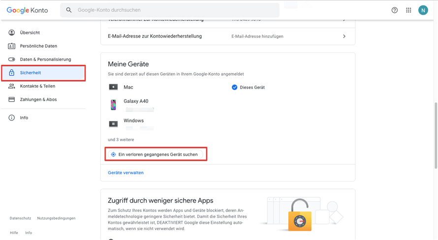 Google konto Sicherheit