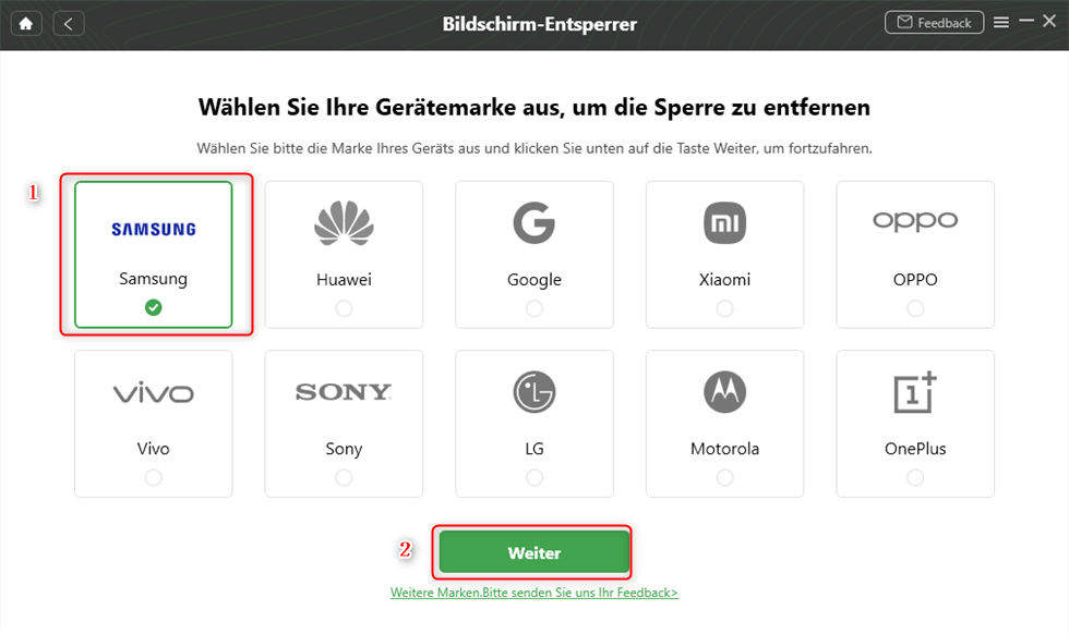 Handy-Marke zur Entsperrung wählen