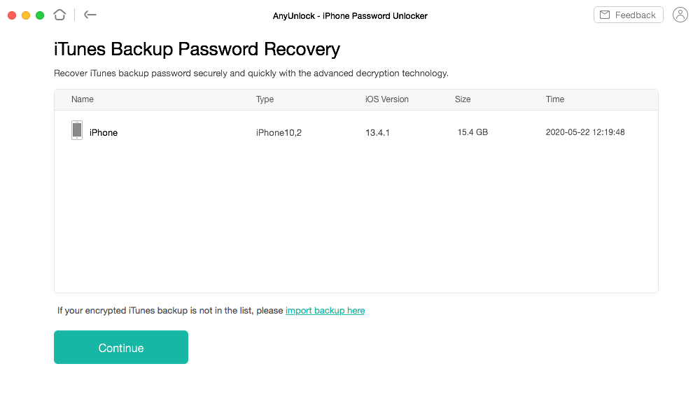 iTunes Backup Password Recovery screen
