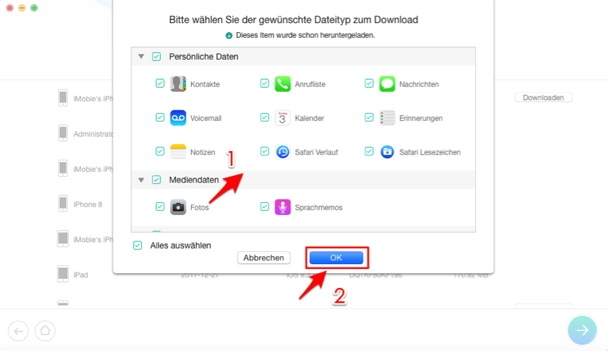 iCloud gelöschte Daten wiederherstellen – Datentypen auswählen