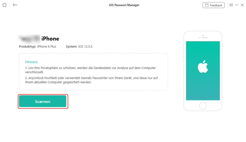 iPhone gespeicherte Passwörter sehen - AnyUnlock - scannen