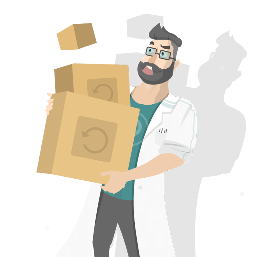 Man in lab coat holding box