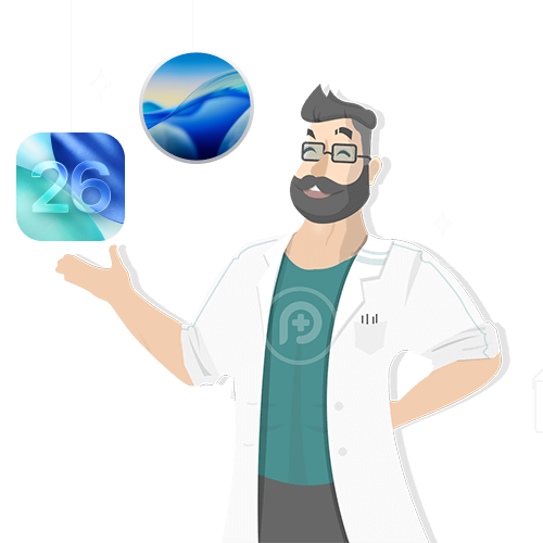 Man in lab coat holding cell phone