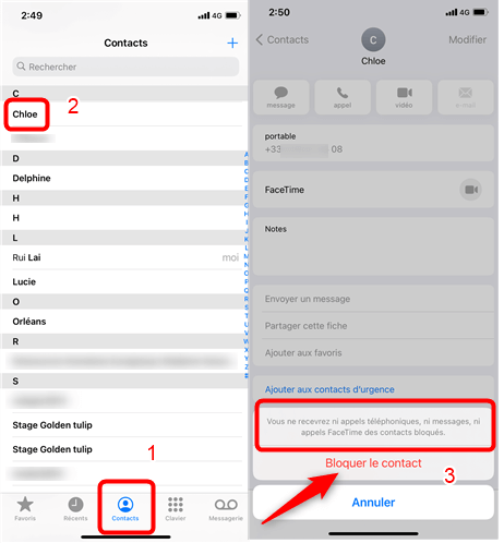 Bloquez un contact dans l'app Contacts