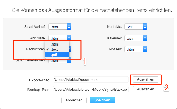 Format von SMS einstellen und Speicher-Pfad auswÃ¤hlen