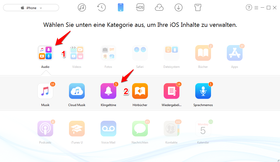 AnyTrans Ã¶ffnen und KlingeltÃ¶ne Ã¶ffnen â Schritt 2