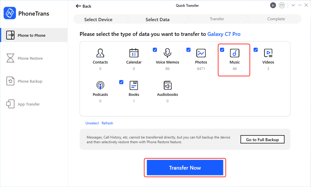 Select Music Type to Transfer Now
