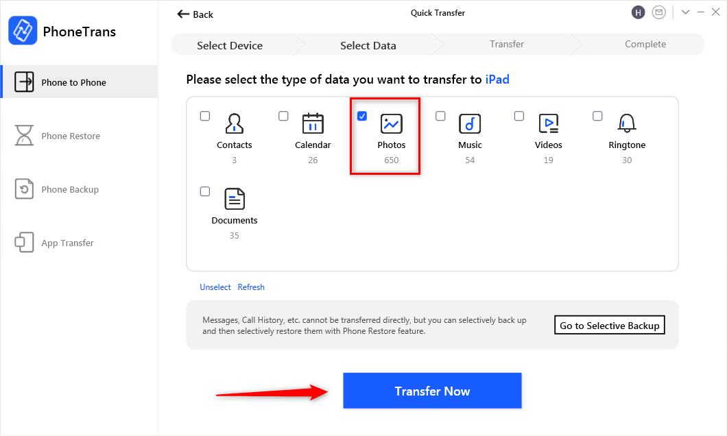Choose Photos and Tap Transfer Now