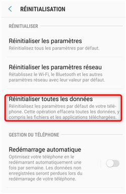 Lancement de la réinitialisation du Samsung