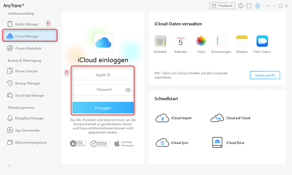 Sich bei iCloud anmelden zur Synchronisierung