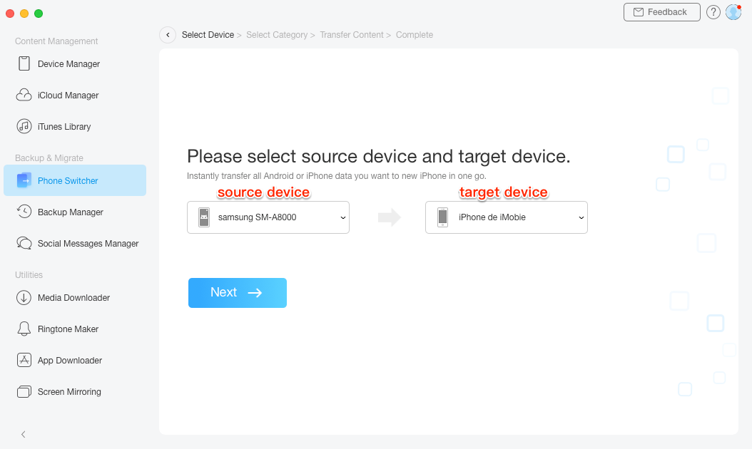 Select the Source Phone and Target Phone