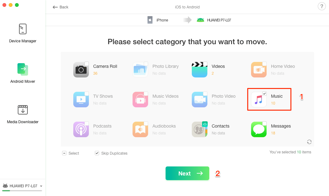 Select Music and Transfer from iPhone to Android