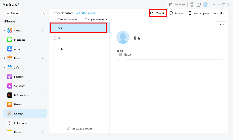 Transférer les contacts iPhone vers PC