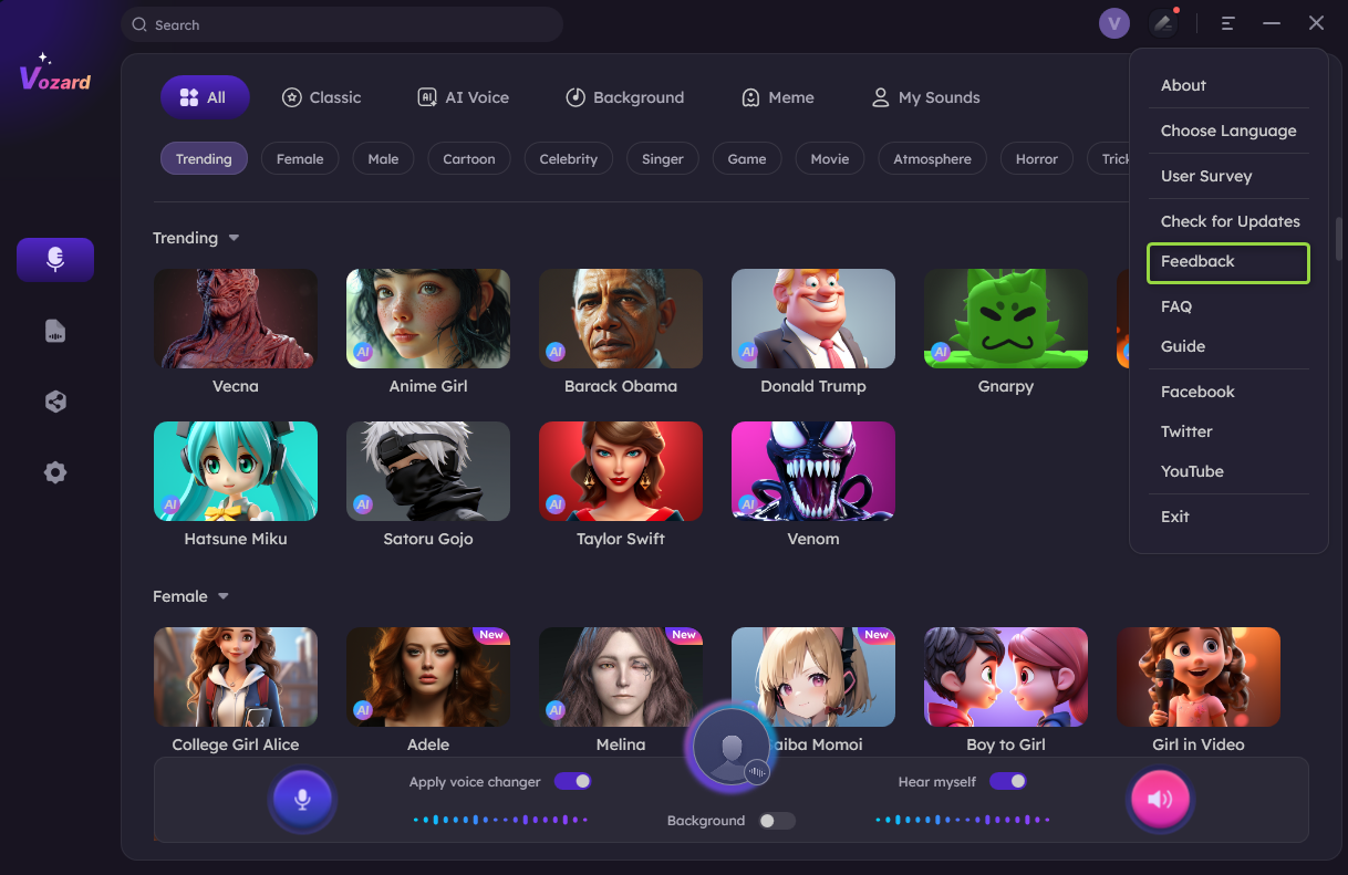 Click Feedback of Vozard of Windows Version